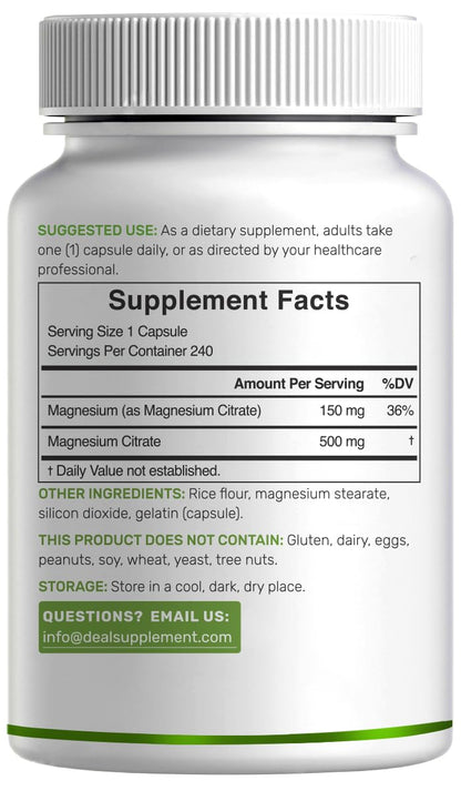Magnesium Citrate 500mg | 240 Capsules | Easily Absorbed, Non-GMO | Muscle, Heart & Digestive Support