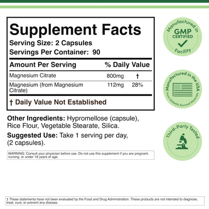 Magnesium Citrate 800mg – 180 Capsules | Digestion & Constipation Support | Vegan, Non-GMO | Double Wood Supplements (Pack of 2)