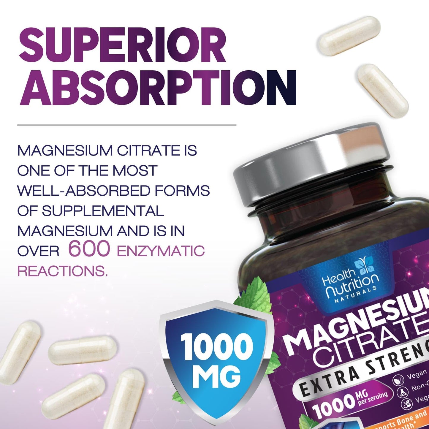 Magnesium Citrate Capsules 1000mg - High Absorption Magnesium for Muscle, Nerve, Bone & Heart Health | 240 Capsules