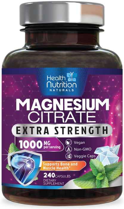 Magnesium Citrate Capsules 1000mg - High Absorption Magnesium for Muscle, Nerve, Bone & Heart Health | 240 Capsules