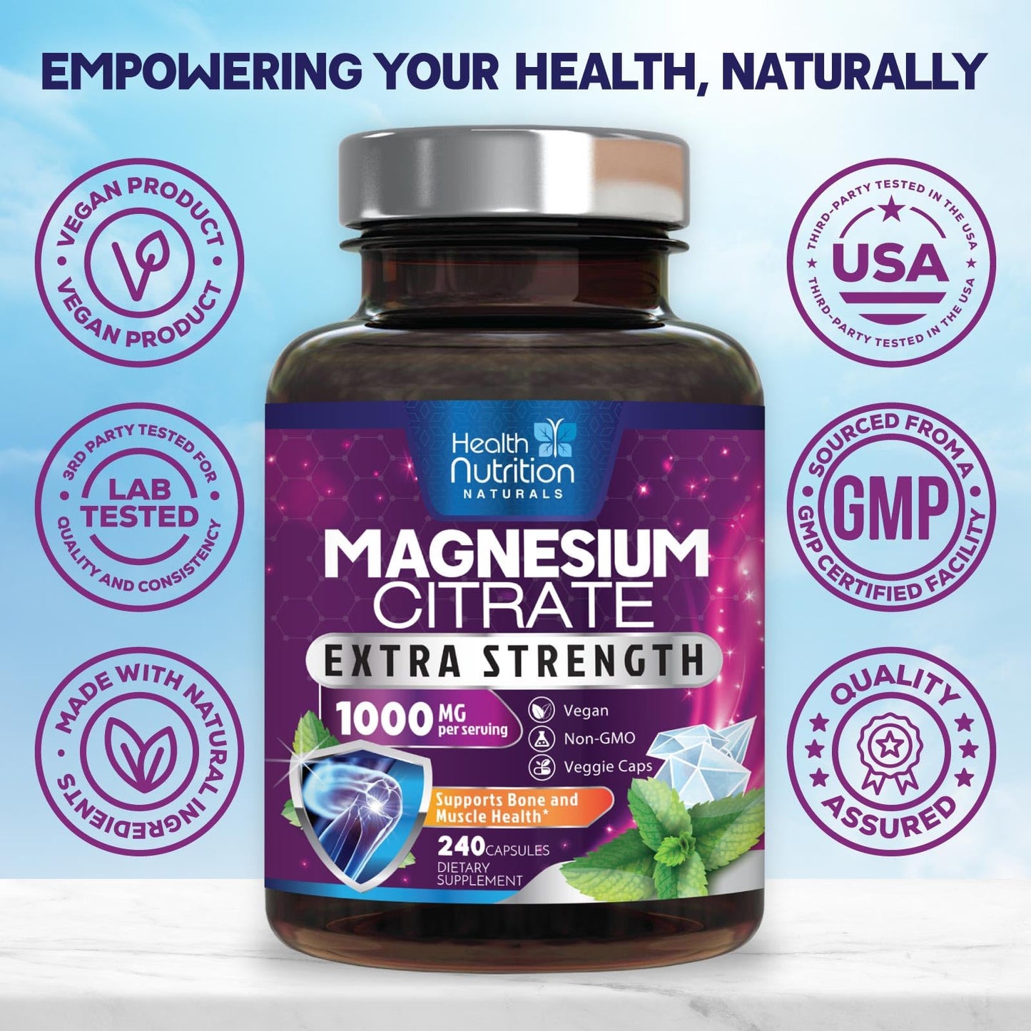 Magnesium Citrate Capsules 1000mg - High Absorption Magnesium for Muscle, Nerve, Bone & Heart Health | 240 Capsules