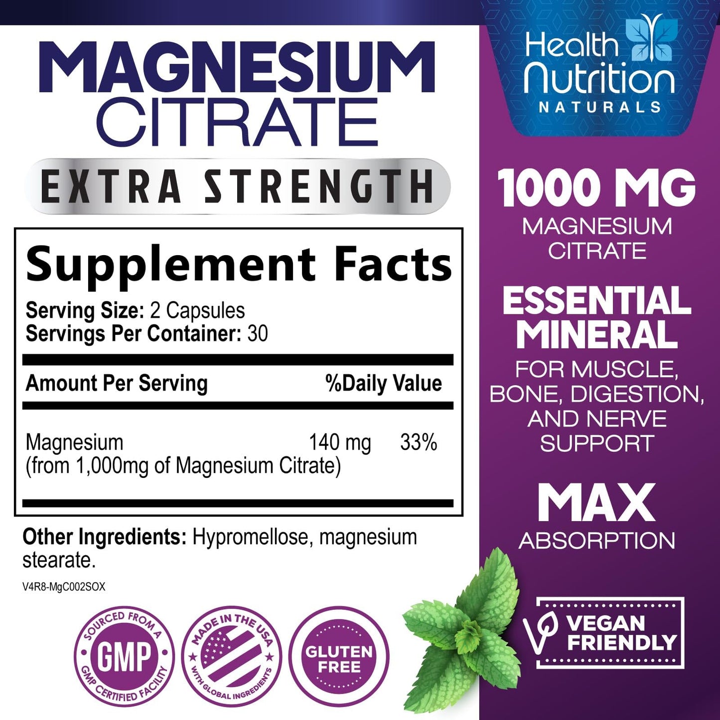 Magnesium Citrate Capsules 1000mg – High Absorption for Muscle, Nerve, Bone & Heart (60 Capsules)