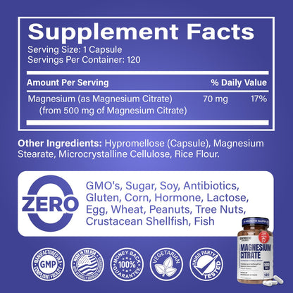 Benevolent Magnesium Citrate 500mg Capsules – Chelated & Buffered, 120 Veggie Caps
