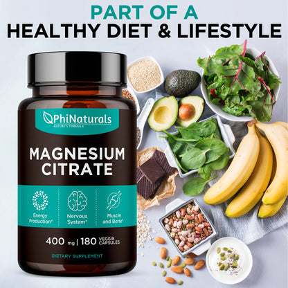 Magnesium Citrate Capsules 400 mg – 180 Veg Caps – Nervous System Support and Enzyme Function | PhiNaturals