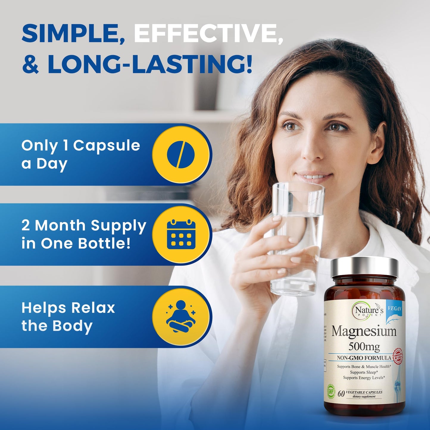 Nature's Potent Magnesium Supplements | Magnesium Citrate & Oxide 500mg | Vegan, USA Made, Sleep Support - 60 Veggie Capsules