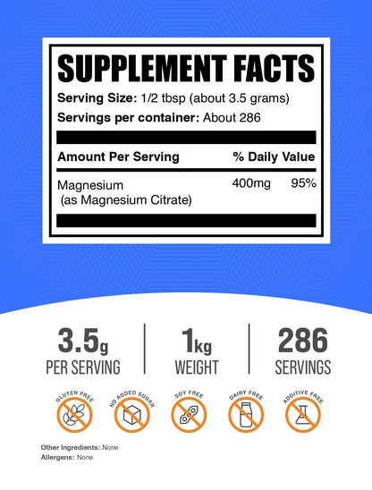 Magnesium Citrate Powder 400mg - Easily Absorbable, Gluten Free | 1kg (2.2 lb)