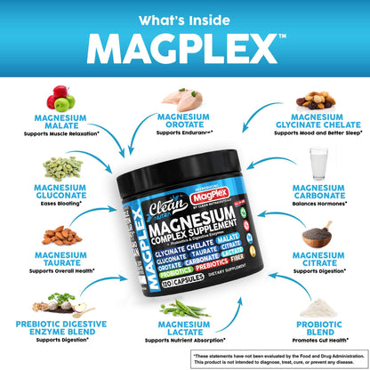 8in1 Magnesium Supplement Complex | Clean Nutra Magplex Glycinate, Citrate, Malate & Probiotics