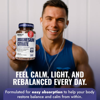 Benevolent Magnesium Citrate 500mg Capsules – Chelated & Buffered, 120 Veggie Caps