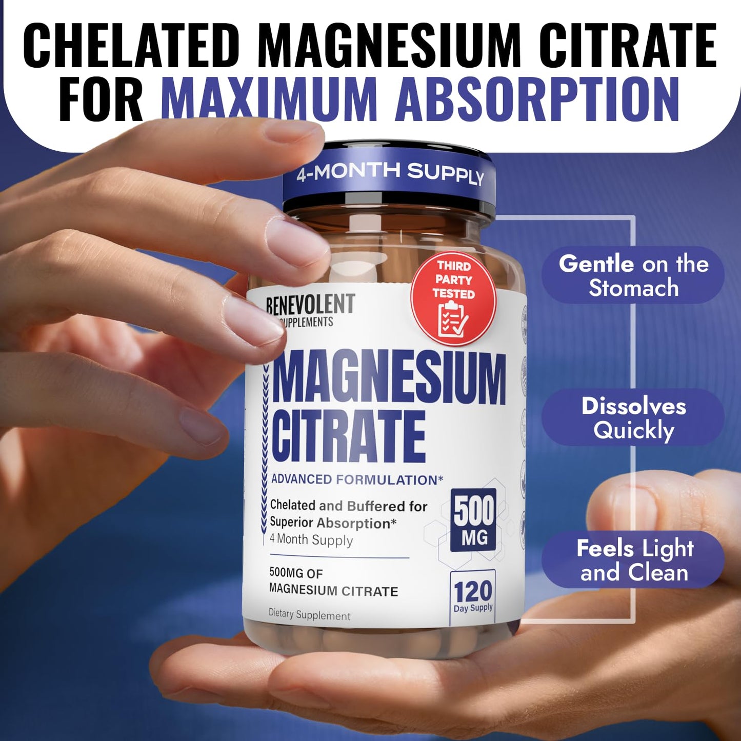 Benevolent Magnesium Citrate 500mg Capsules – Chelated & Buffered, 120 Veggie Caps