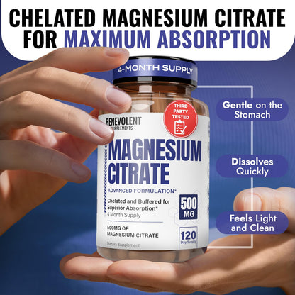Benevolent Magnesium Citrate 500mg Capsules – Chelated & Buffered, 120 Veggie Caps