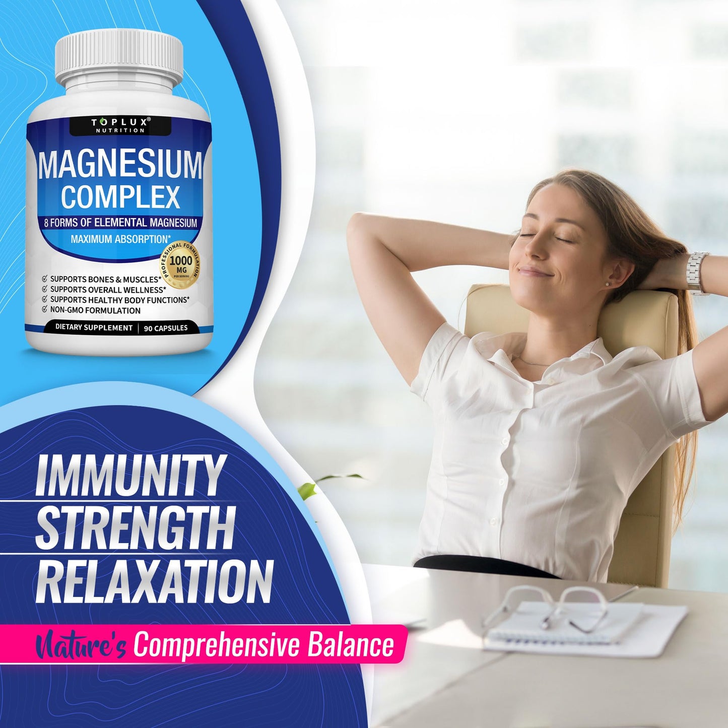 Magnesium Complex 8-Elemental 1000mg – Glycinate, Citrate, Malate, Taurate | 90 Veg Capsules