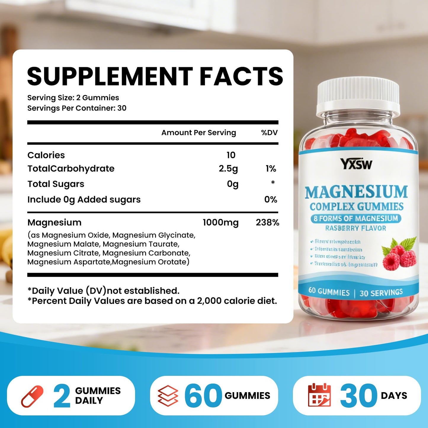 Magnesium Complex Gummies 8-Elemental 1000mg – Vegan, Raspberry, 60 Count
