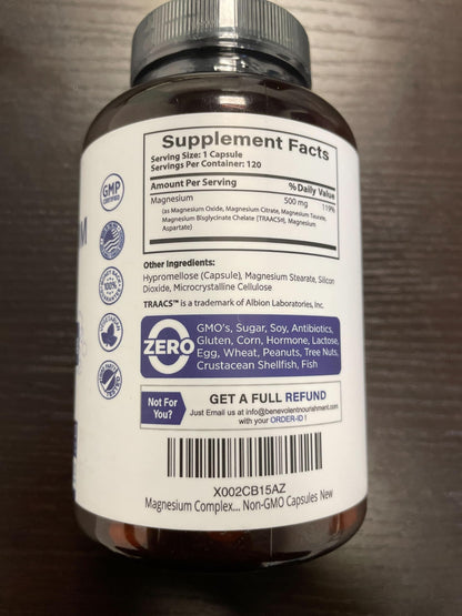 Magnesium Complex Supplement – 4 Month Supply (120 Capsules, 500mg) 5-in-1 Max Absorption for Calm, Sleep & Leg Cramps