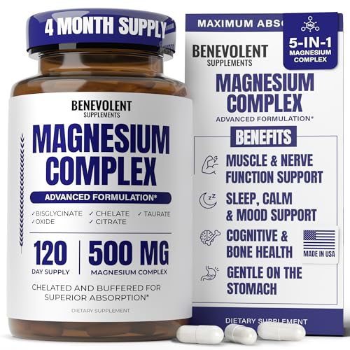 Magnesium Complex Supplement – 4 Month Supply (120 Capsules, 500mg) 5-in-1 Max Absorption for Calm, Sleep & Leg Cramps