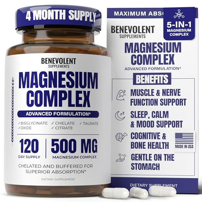 Magnesium Complex Supplement – 4 Month Supply (120 Capsules, 500mg) 5-in-1 Max Absorption for Calm, Sleep & Leg Cramps