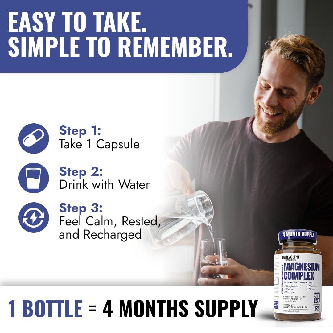 Magnesium Complex Supplement – 4 Month Supply (120 Capsules, 500mg) 5-in-1 Max Absorption for Calm, Sleep & Leg Cramps