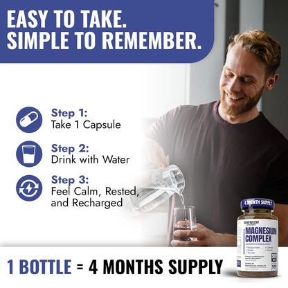 Magnesium Complex Supplement – 4 Month Supply (120 Capsules, 500mg) 5-in-1 Max Absorption for Calm, Sleep & Leg Cramps