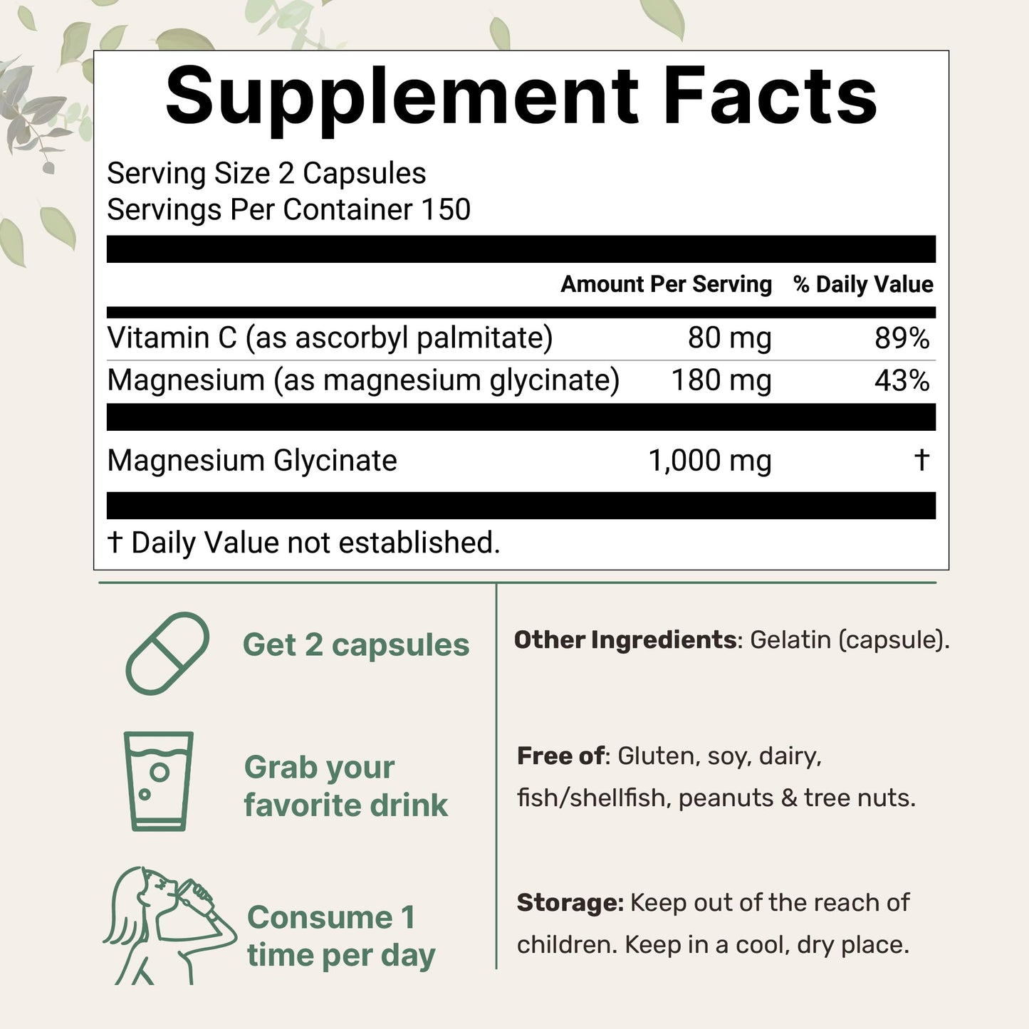 Pure Magnesium Glycinate 1,000mg | 300 Capsules | Chelated for Maximum Absorption + Vitamin C