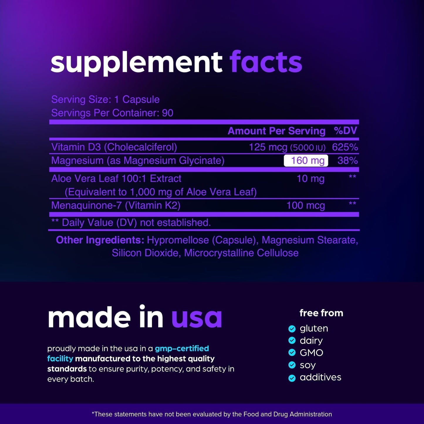 Magnesium Glycinate 1160mg + Aloe Vera, D3 & K2 Complex
