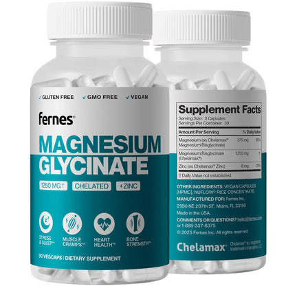 Magnesium Glycinate 1250mg with Zinc – Gentle on Stomach, High Absorption – 90 Capsules – Gluten-Free, Non-GMO, Vegan – Made in USA