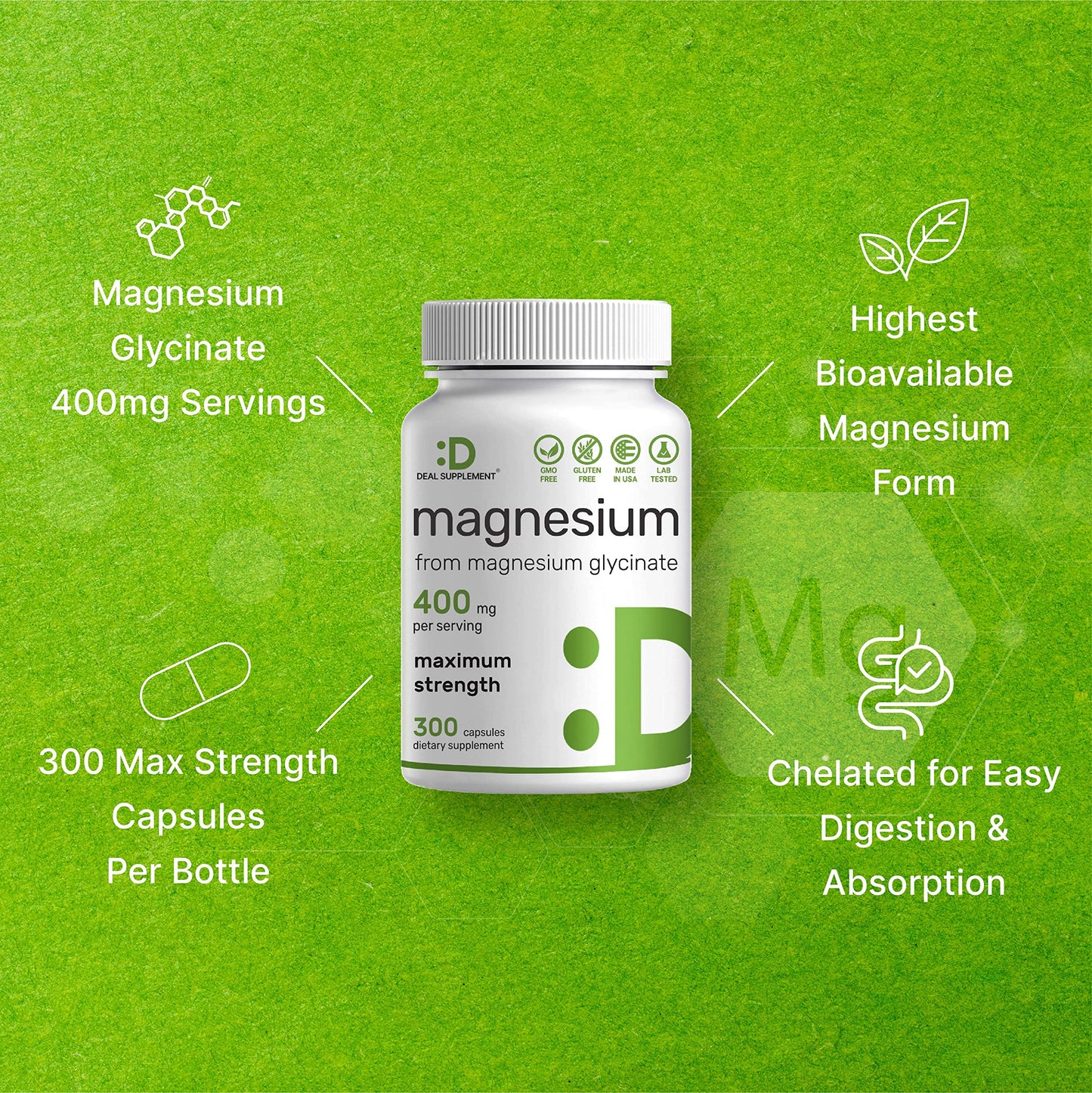 Magnesium Glycinate 400mg, 300 Capsules | 100% Chelated for Easy Absorption | Essential Mineral Supplement for Muscle, Sleep & Heart Health