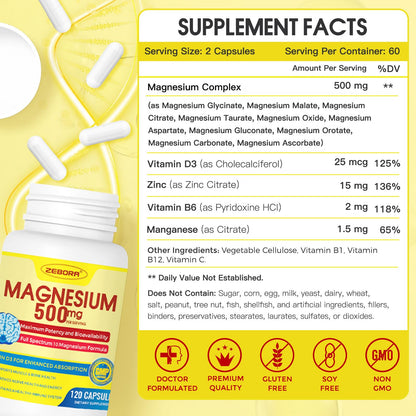 10-in-1 Magnesium Complex 500mg Glycinate, Citrate & Malate - Vitamin D3 & Zinc - 120 Capsules
