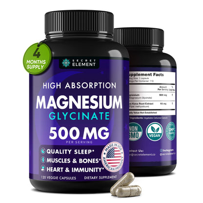 Magnesium Glycinate 500MG Capsules - High Absorption, Vegan & Non-GMO | 120 Capsules