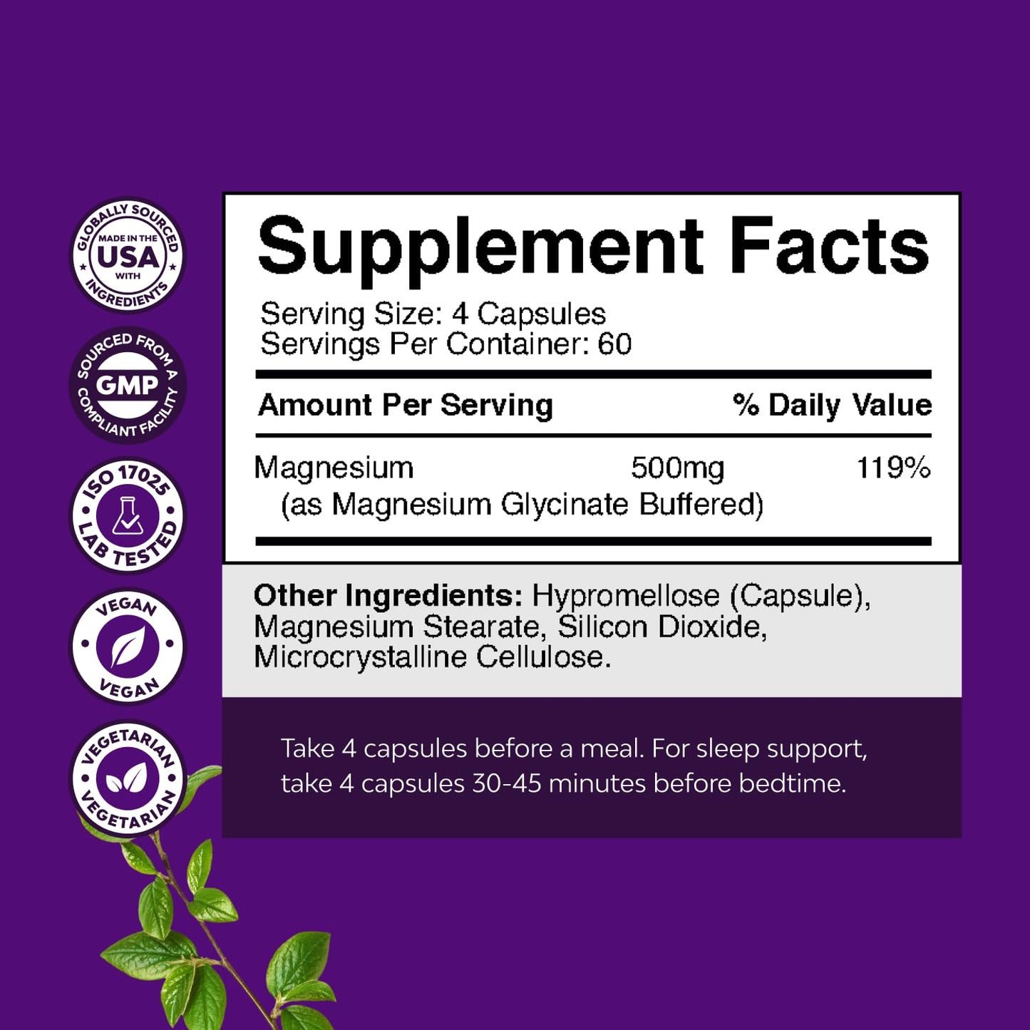 High Absorption Magnesium Glycinate 500mg Capsules | Sleep, Nerve & Muscle Support