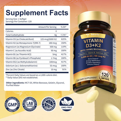 9-in-1 Magnesium Glycinate 500mg + Vitamin D3 5000 IU & K2 | 120 Softgels