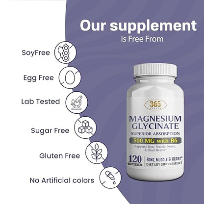 365 Health Magnesium Glycinate 500mg – 120 Vegetarian Tablets | Non-GMO, Gluten Free