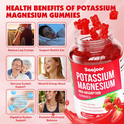 Potassium Magnesium Gummies with High Absorption Magnesium Glycinate, D3 & B6 – Strawberry Flavor (60 Count)