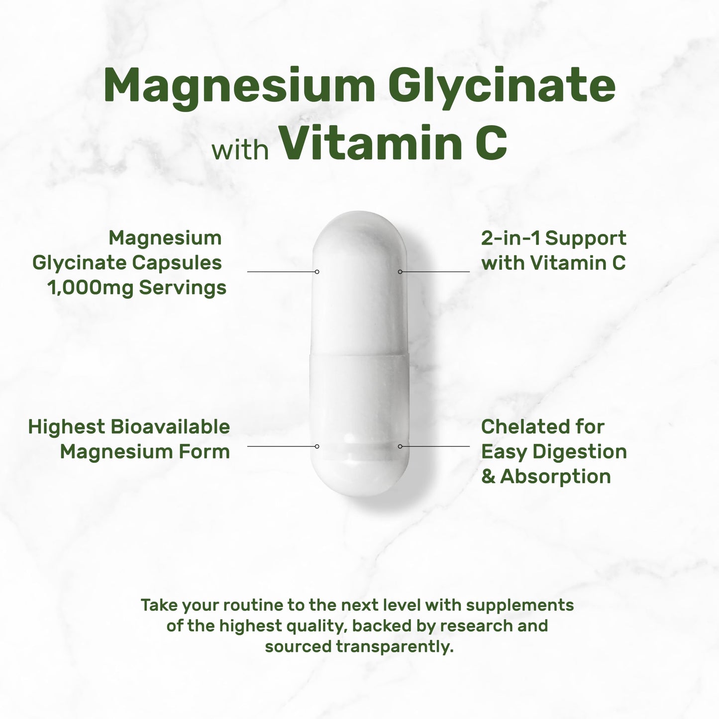 Magnesium Glycinate 1000mg per Serving + Vitamin C – 240 Capsules (Chelated, Easy Absorption)