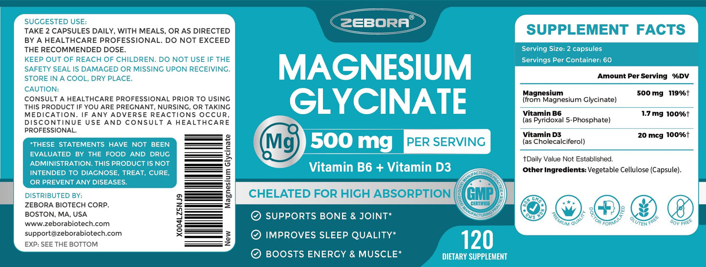 Magnesium Glycinate 500mg – High Absorption with B6 & D3 (120 Capsules)