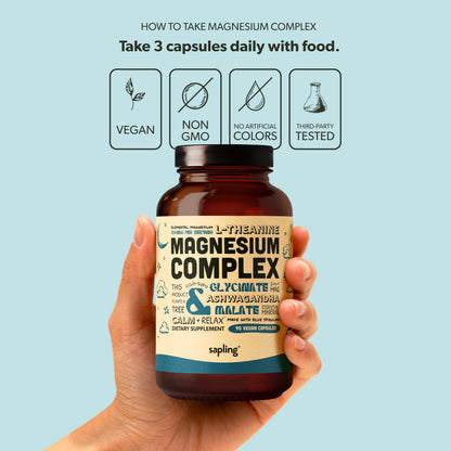 Magnesium Glycinate Complex – Chelated Mg with Malate, Ashwagandha, L-Theanine & Blue Spirulina | 300mg, 90 Veggie Caps
