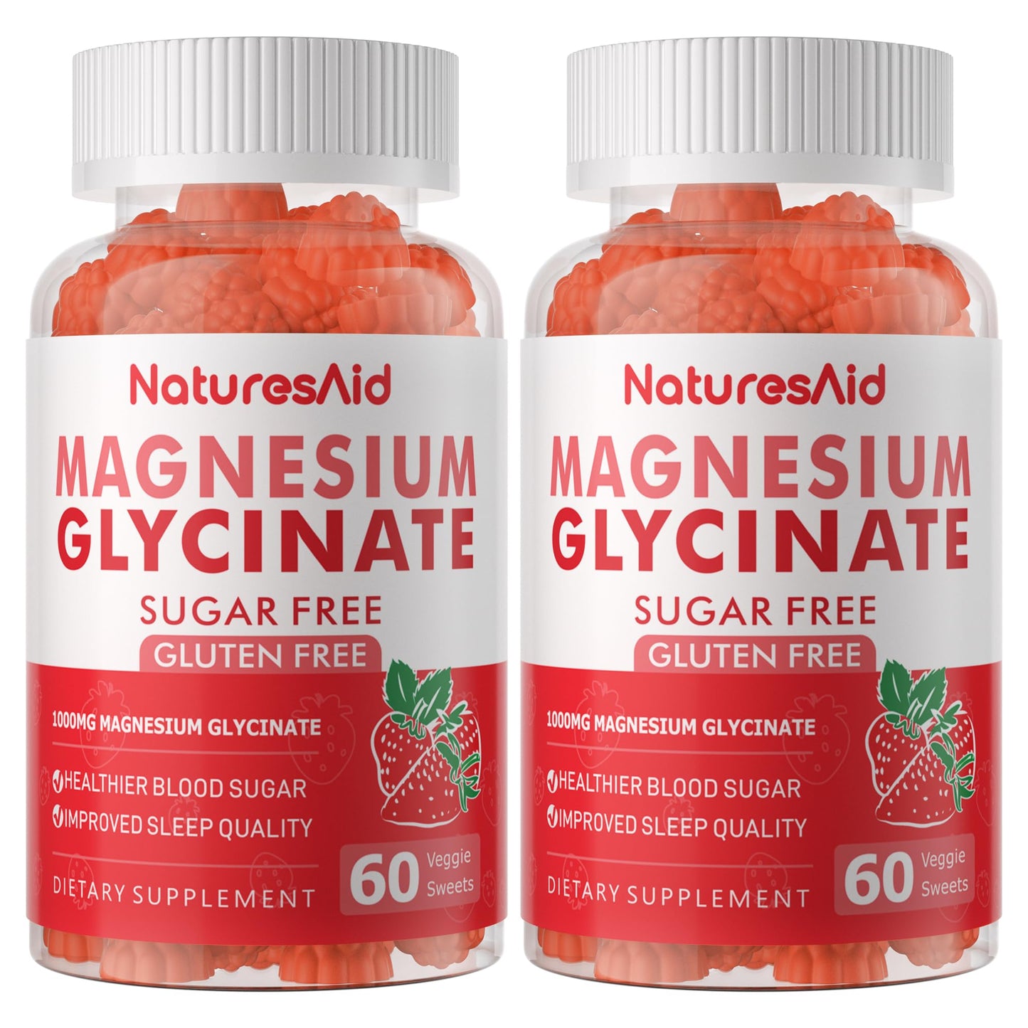 Magnesium Glycinate Gummies 1000mg - Sugar Free Calm Mood & Sleep Support (120 Strawberry Gummies) - 2 Pack