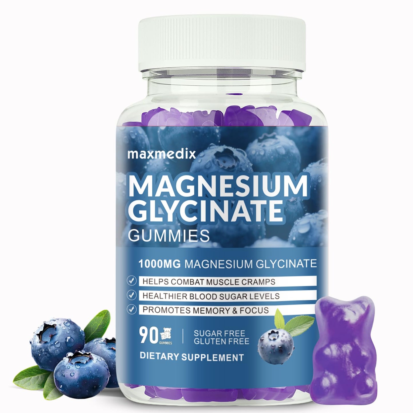 Magnesium Glycinate Gummies 1000mg — Sugar Free Potassium Magnesium Chewables (90 Gummies) with L-Threonate