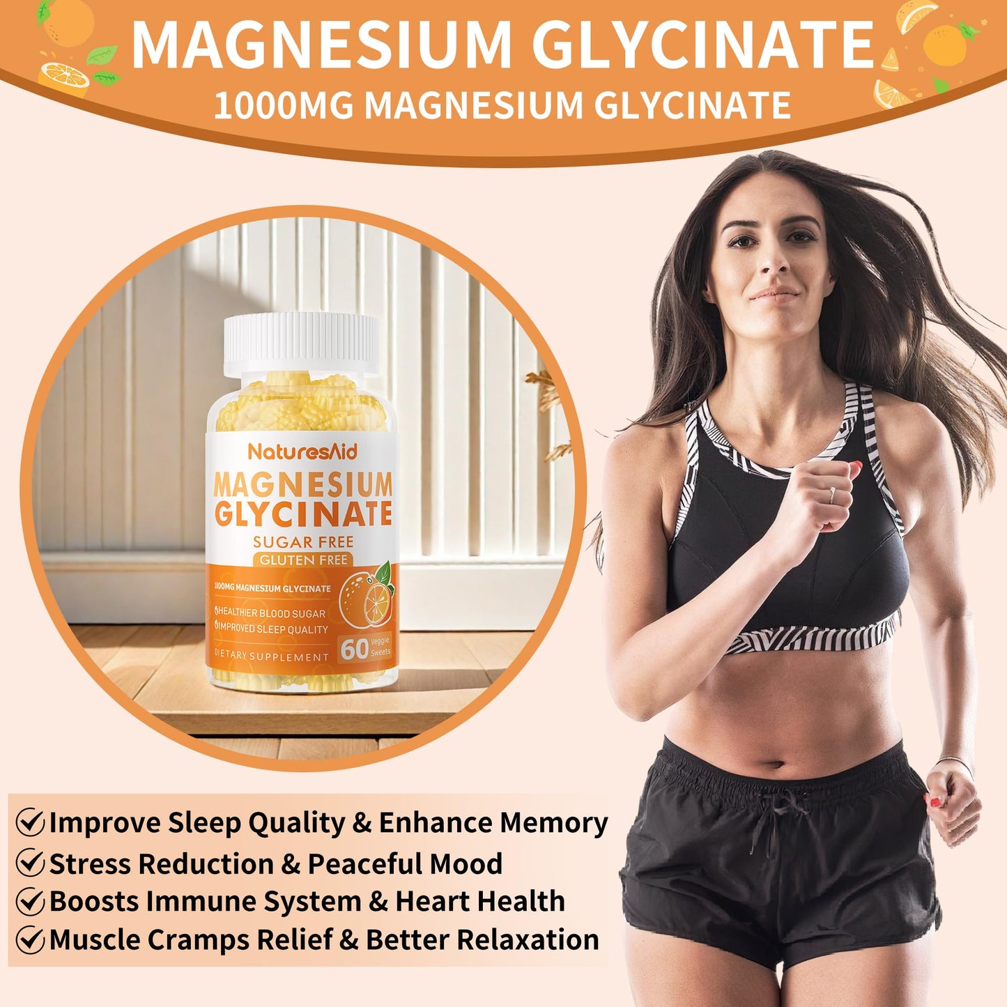 Magnesium Glycinate Gummies 1000mg - Sugar Free with Vitamin D/B6 & CoQ10 | 120 Orange Gummies (2 Pack)