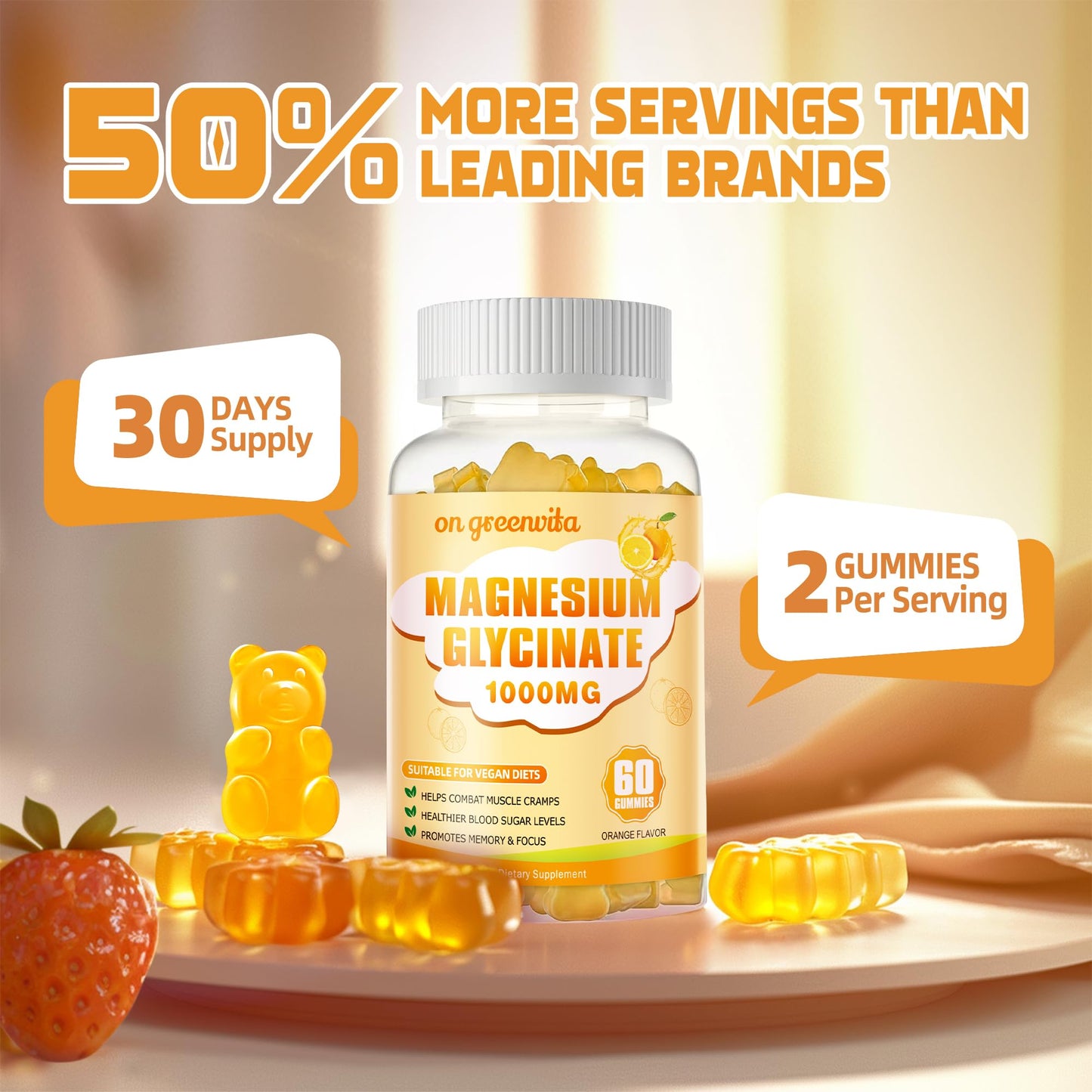 Magnesium Glycinate Gummies 1000mg – Sugar Free, Vitamin D, B6, CoQ10 | 60 Orange Gummies