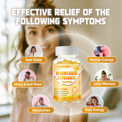 Magnesium Glycinate Gummies 1000mg – Sugar Free, Vitamin D, B6, CoQ10 | 60 Orange Gummies