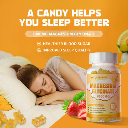 Magnesium Glycinate Gummies 1000mg – Sugar Free, Vitamin D, B6, CoQ10 | 60 Orange Gummies