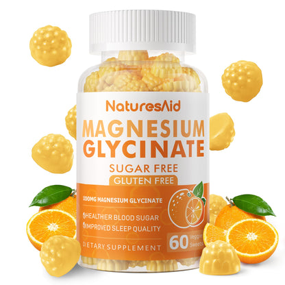 Magnesium Glycinate Gummies 1000mg - Sugar Free with Vitamin D, B6 & CoQ10 (60 Orange Gummies)