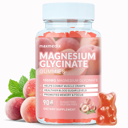 Magnesium Glycinate Gummies 1000mg – Sugar Free Potassium Magnesium Chewables for Sleep & Relaxation | 90 Peach Gummies