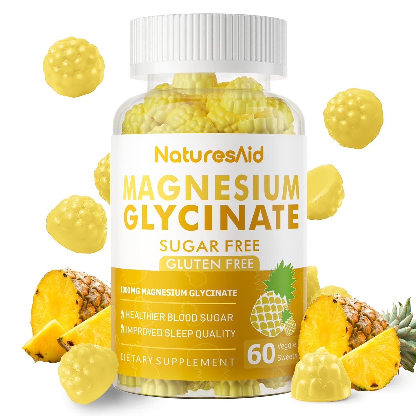 Magnesium Glycinate Gummies 1000mg – Sugar Free with Vitamin D, B6 & CoQ10 (60 Pineapple Gummies)