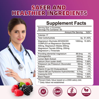 Magnesium Glycinate Gummies 120ct – 1000 mg, Sleep Support, Vegan, Sugar-Free (Raspberry-Blackberry-Blueberry)
