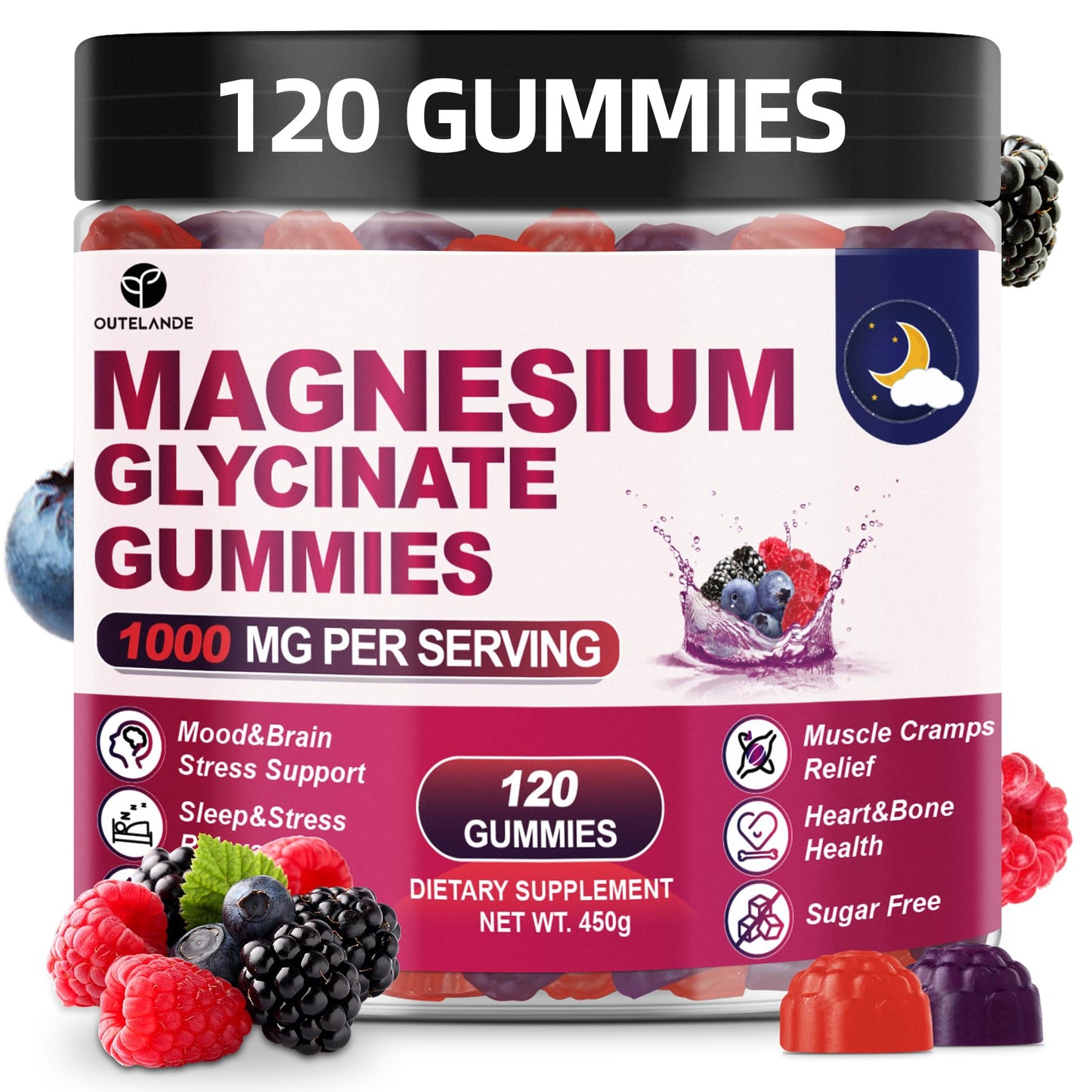 Magnesium Glycinate Gummies 120ct – 1000 mg, Sleep Support, Vegan, Sugar-Free (Raspberry-Blackberry-Blueberry)