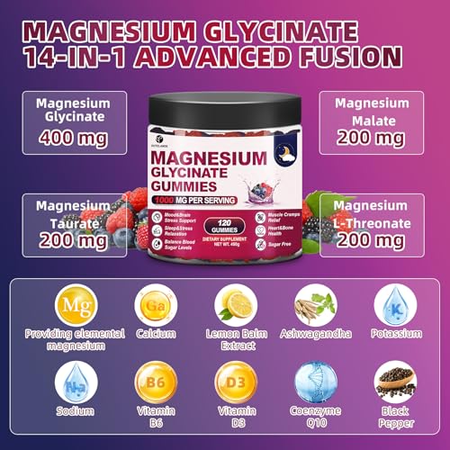 Magnesium Glycinate Gummies 120ct – 1000 mg, Sleep Support, Vegan, Sugar-Free (Raspberry-Blackberry-Blueberry)