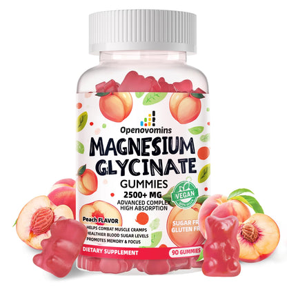Magnesium Glycinate Gummies 2500mg - Sugar Free Magnesium Potassium with Vitamin D, B6, CoQ10 | 90 Peach Gummies