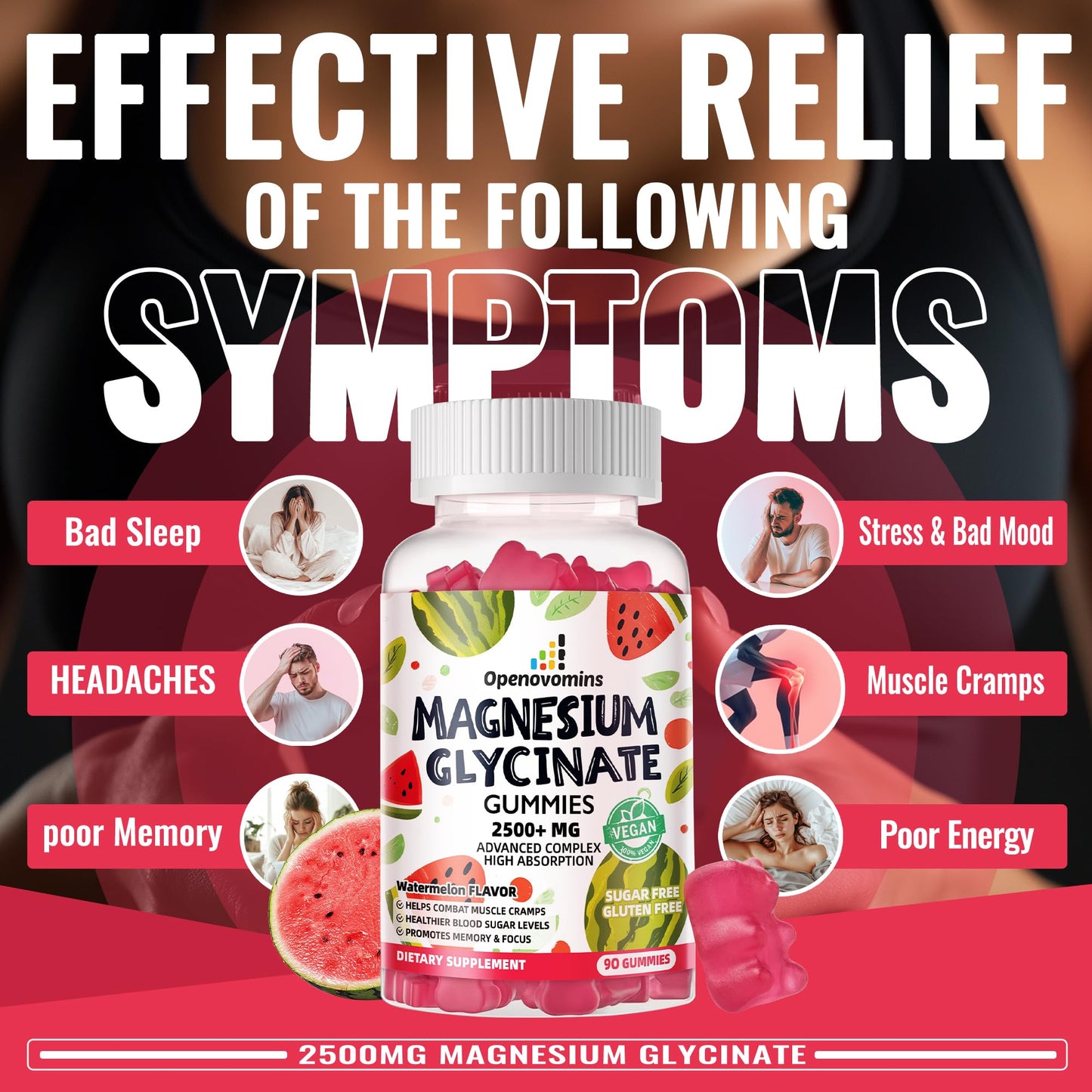 Magnesium Glycinate Gummies 2500mg – Sugar Free Magnesium Potassium Support + Vitamin D, B6, CoQ10 | 90 Watermelon Gummies