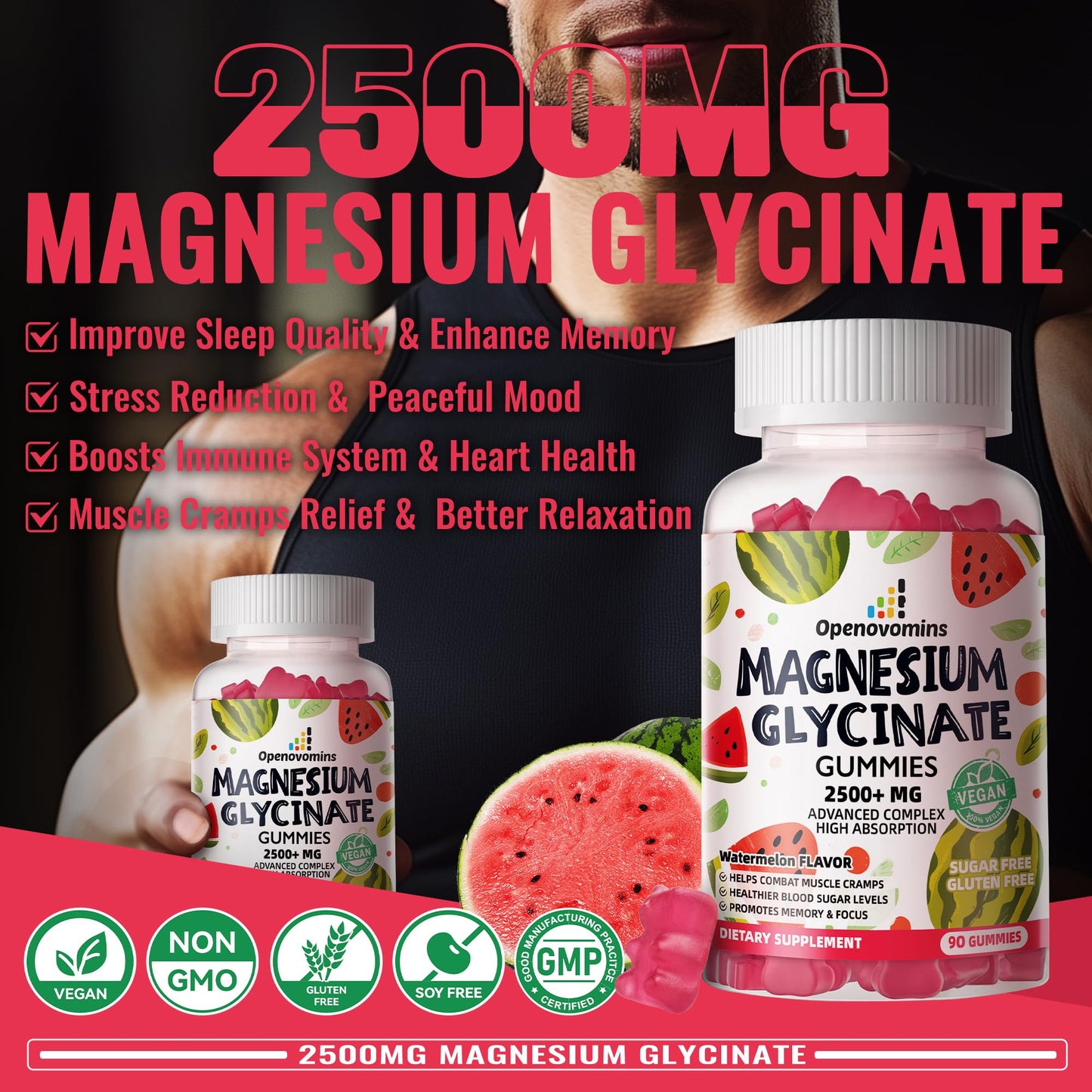 Magnesium Glycinate Gummies 2500mg – Sugar Free Magnesium Potassium Support + Vitamin D, B6, CoQ10 | 90 Watermelon Gummies