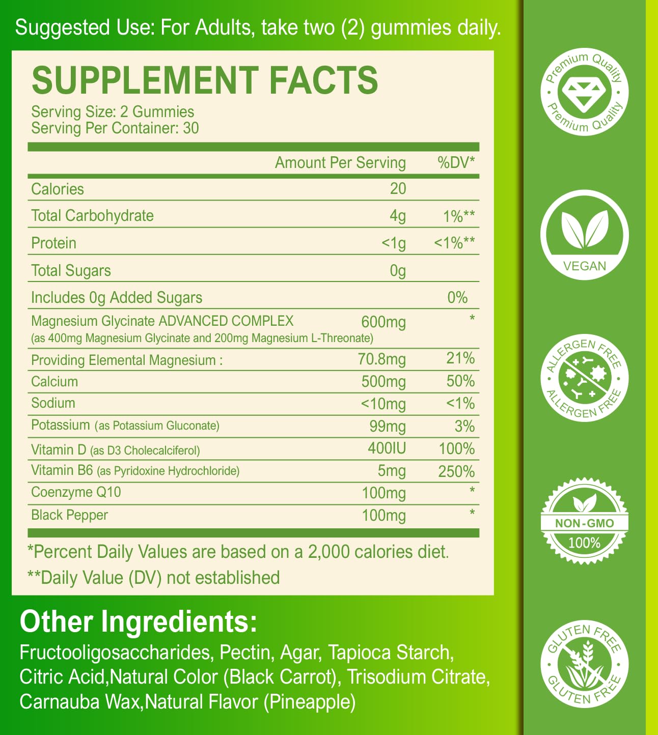 Magnesium Glycinate Gummies – Sugar-Free Magnesium Supplement with 400mg Glycinate + 200mg L-Threonate | 120 Pineapple Gummies